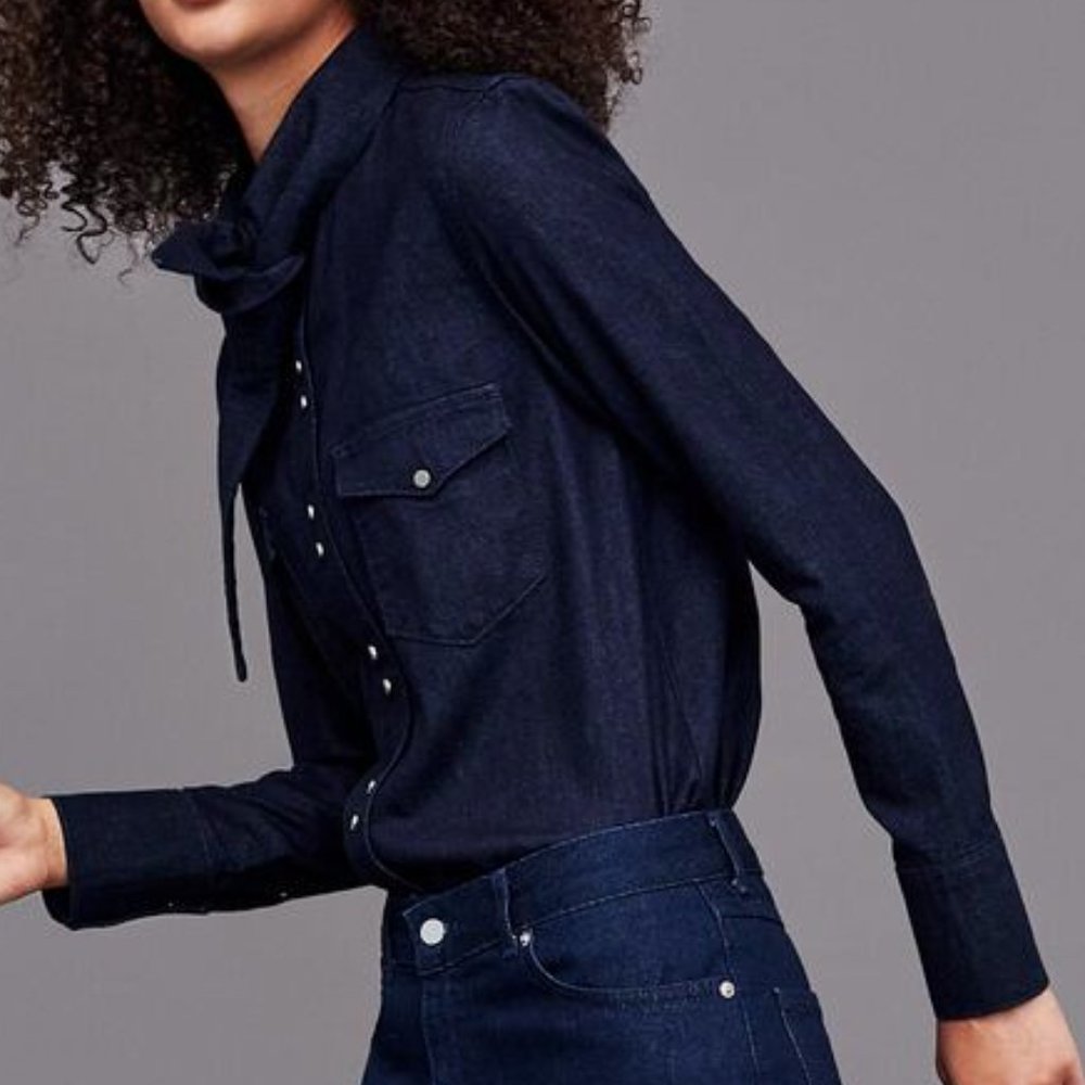 Zara Premium Denim Button Up with Bow Pearl Buttons